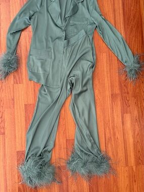 Fashion Nova Luxe Olive Green Satin Feather-Trim Pantsuit